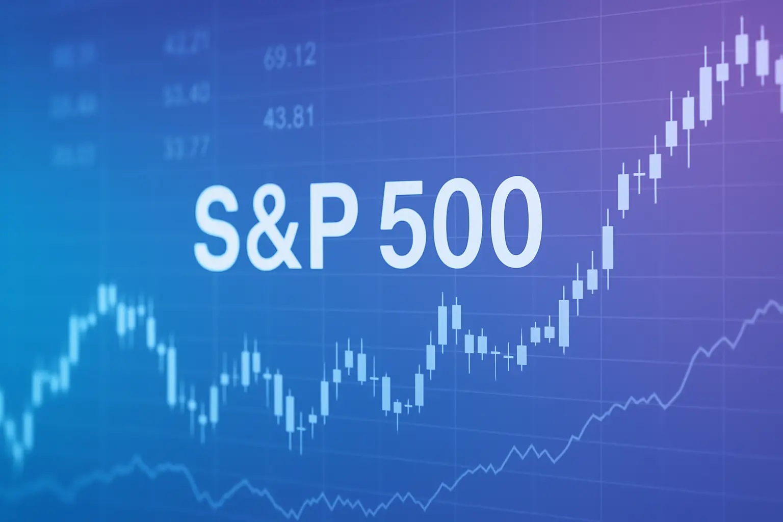 תרשים מדד S&P 500 על רקע כחול-סגול עם גרף נרות (קנדלסטיק) המציג מגמת עלייה בשוק המניות האמריקאי. התרשים מראה תנודתיות היסטורית ומגמה עולה לאורך זמן, כלי חשוב למשקיעים ואנליסטים פיננסיים לניתוח ביצועי השוק.