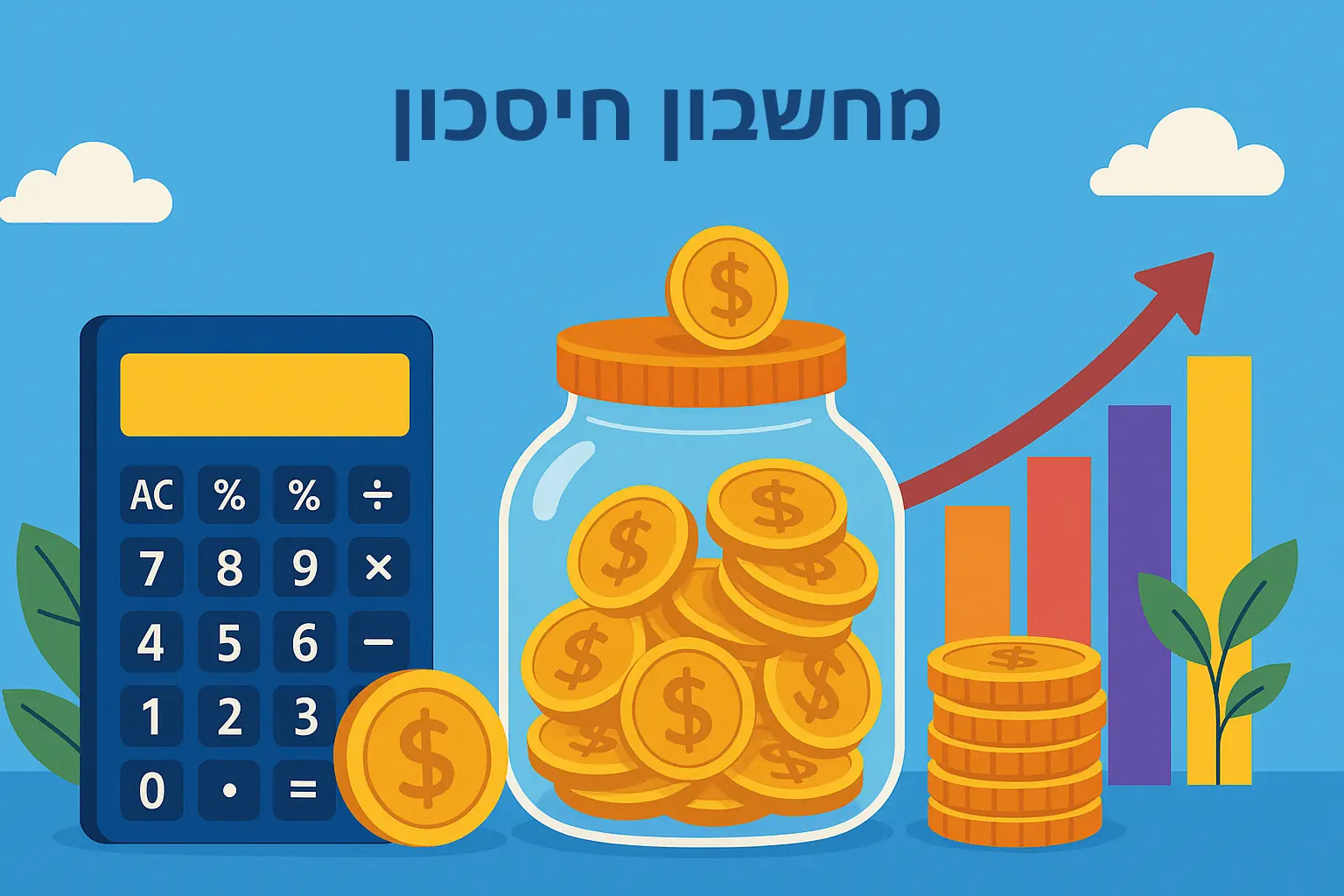 מחשבון חיסכון פיננסי עם צנצנת חיסכון מלאה במטבעות זהב, גרף עליה עם חץ אדום ומטבעות מוערמות על רקע כחול - כלים לתכנון פיננסי והשקעות