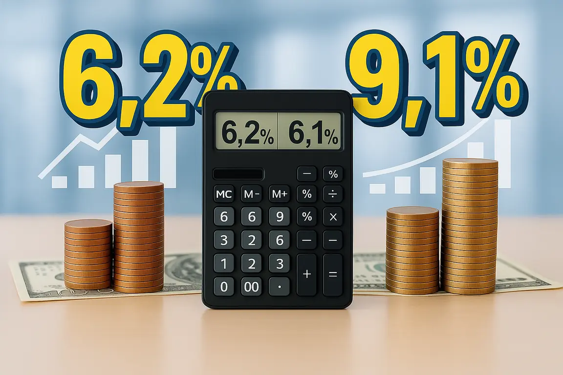 מחשבון פיננסי להשוואת תשואות חסכון עם אחוזי תשואה 6.2% ו-9.1%, מטבעות זהב ושטרות כסף, גרפי עליה פיננסיים ברקע - כלי לחישוב צבירת חסכונות