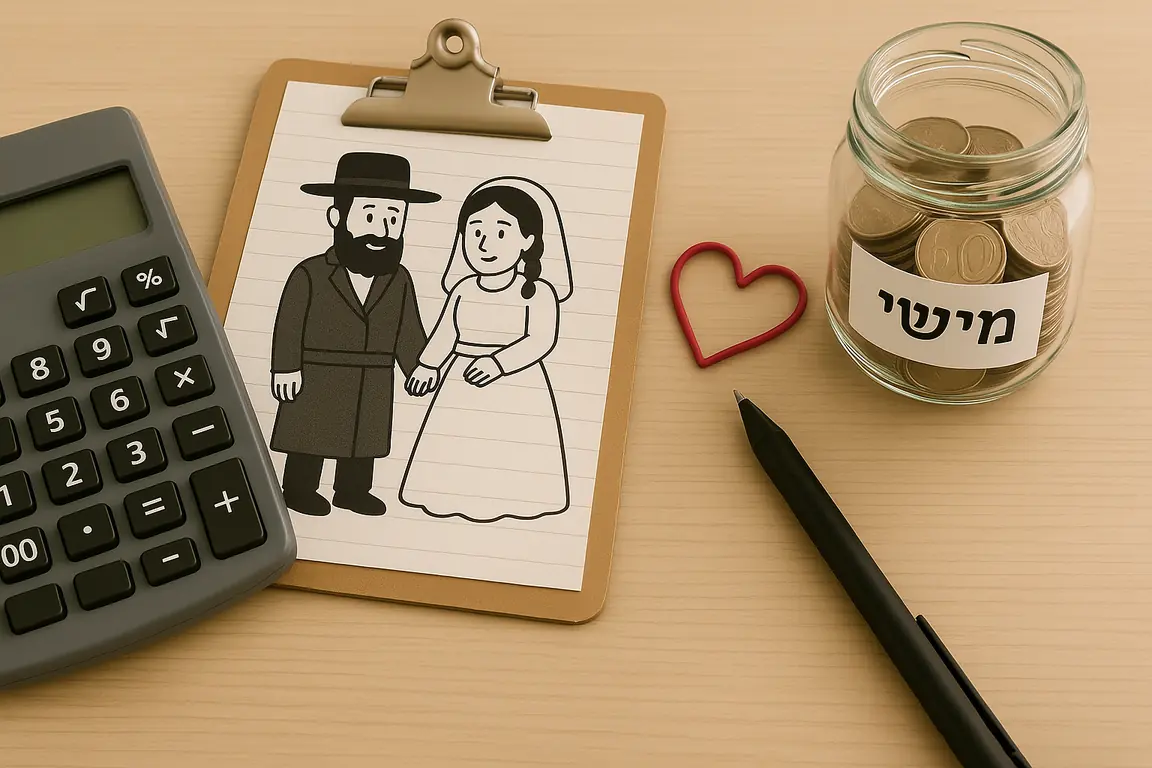 תכנון תקציב חתונה חרדית - מחשבון, צנצנת חיסכון עם מטבעות, ציור זוג חתן וכלה חרדים על לוח קליפס, עט ולב אדום על שולחן עץ